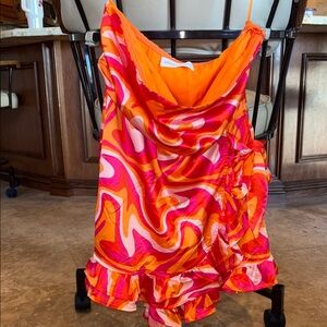 Orange Pink Ruffled Tiered Sundress Cowl Neck